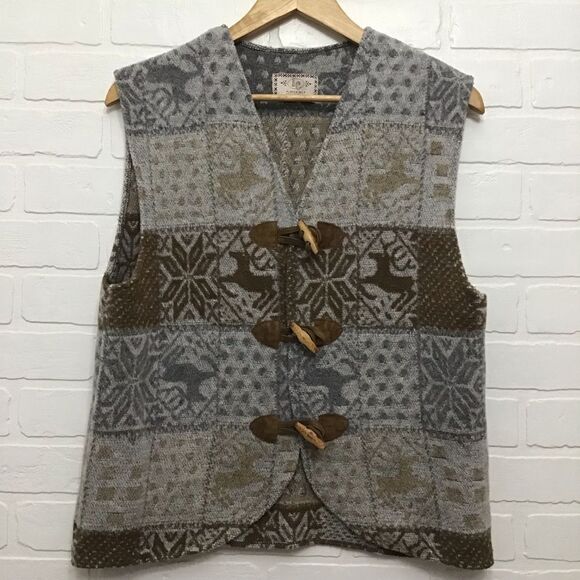 𝅺VINTAGE Imperial Connection wool blend vest deer grey beige ecru leather small - Picture 11 of 11